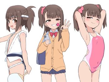 1girl armpits arms_behind_head black_skirt blush breasts brown_hair bubukka candy dot_nose female_focus food fundoshi grin groin hair_ornament hair_scrunchie half-closed_eyes holding holding_candy holding_food holding_lollipop japanese_clothes loli lollipop looking_at_viewer medium_hair mole mole_under_eye multiple_views navel one-piece_swimsuit one_eye_closed orange_sweater_vest original pink_scrunchie ponytail scrunchie seductive_smile short_hair side_ponytail simple_background skirt small_breasts smile standing sweater_vest swimsuit thighs twintails uri_(bubukka) white_background