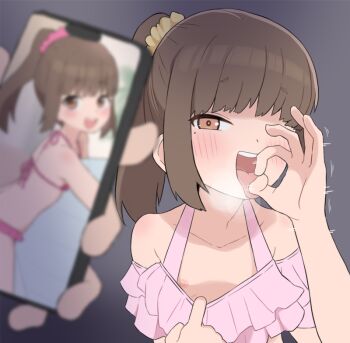 :d bare_arms bare_shoulders bikini blush brown_eyes brown_hair bubukka cellphone dark dot_nose fellatio_gesture flashing frilled_bikini frills hair_ornament hair_scrunchie half-closed_eyes holding holding_phone loli long_hair looking_at_viewer looking_to_the_side mole mole_under_eye motion_lines multiple_views naughty_face off-shoulder_bikini off-shoulder_one-piece_swimsuit off_shoulder one-piece_swimsuit open_mouth original phone pink_bikini pink_scrunchie ponytail pov pulling_own_clothes raised_eyebrows scrunchie smartphone smile steam straight_hair swimsuit teeth tongue tongue_out upper_body upper_teeth_only uri_(bubukka) yariharu_uri_(bubukka) yellow_scrunchie
