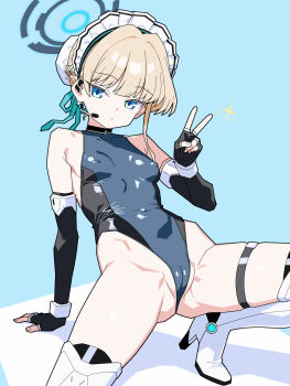 1girl blonde_hair blue_archive blue_eyes boots breasts cameltoe covered_erect_nipples expressionless fingerless_gloves gloves halo high_heel_boots high_heels highleg highleg_leotard highres leotard looking_at_viewer matuo3232 small_breasts solo toki_(abi-eshuh)_(blue_archive) toki_(blue_archive) v
