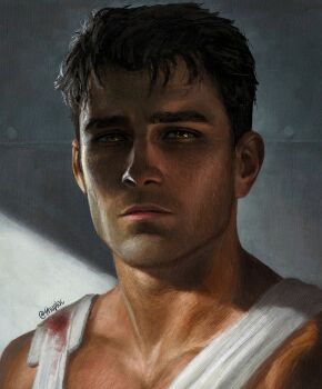 1boy absurdres arcane:_league_of_legends arcane_jayce bandaged_chest bandages blood bloody_bandages brown_eyes brown_hair closed_mouth collarbone highres injury jayce_(league_of_legends) league_of_legends male_focus portrait short_hair shuploc sideburns solo thick_eyebrows twitter_username