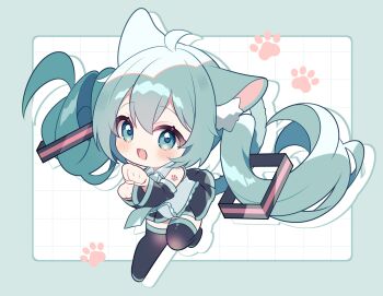 Rule 34 | 1girl, :d, animal ear fluff, animal ears, bare shoulders, black skirt, black sleeves, blush, boots, border, cat ears, cat girl, cat tail, chibi, chibi only, collared shirt, commentary request, detached sleeves, fang, full body, green border, green eyes, green hair, green necktie, grey shirt, grid background, hatsune miku, highres, kemonomimi mode, long hair, long sleeves, necktie, number tattoo, open mouth, outside border, paw pose, paw print, pleated skirt, shirt, shoulder tattoo, skin fang, skirt, sleeveless, sleeveless shirt, smile, solo, standing, standing on one leg, tail, tattoo, thigh boots, thighhighs, twintails, vocaloid, white background, white boots, yuni (irohasuiroiro), zettai ryouiki