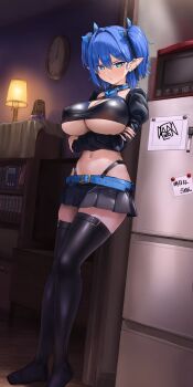 1girl arms_under_breasts belt black_panties black_skirt black_thighhighs blue_belt blue_eyes blue_hair blush breasts clock closed_mouth commentary_request commission ear_piercing full_body highleg highleg_panties highres indoors kamo_ashi large_breasts long_sleeves looking_at_viewer miniskirt navel original panties piercing pleated_skirt pointy_ears short_hair skeb_commission skirt solo standing stomach thighhighs thighs two_side_up underboob underwear