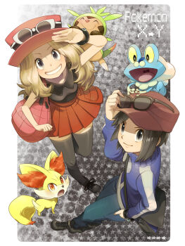 1boy 1girl black_eyes black_hair blonde_hair calem_(pokemon) chespin commentary_request eyewear_on_headwear fennekin froakie from_above full_body gen_6_pokemon hand_in_pocket hat long_hair looking_at_viewer mega_ring nintendo open_mouth pokemon pokemon_(creature) pokemon_xy red_hat sasairebun serena_(pokemon) short_hair sunglasses