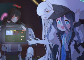 4girls absurdres aqua_halo aris_(blue_archive) black_hair black_halo blue_archive blue_eyes bright_pupils colored_skin dro_(eveveb_414) hair_between_eyes hair_ornament hair_over_one_eye hairclip halo hat highres kei_(amas)_(blue_archive) large_hat long_hair malkuth_(blue_archive) multicolored_halo multiple_girls non-humanoid_robot open_mouth pink_halo rectangular_halo red_eyes ringed_eyes rio_(blue_archive) robot smile symbol-shaped_pupils two-tone_halo very_long_hair white_hair white_hat white_pupils white_skin x-shaped_pupils yellow_eyes yellow_halo