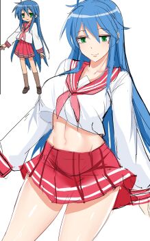 1girl absurdres aged_up ahoge alternate_breast_size blue_hair breasts brown_footwear brown_socks crop_top green_eyes highres izumi_konata kneehighs large_breasts loafers long_hair lucky_star midriff miniskirt mole mole_under_eye navel noise_paper pleated_skirt red_ribbon red_skirt reference_work ribbon school_uniform serafuku shirt shoes simple_background sketch skirt smile socks striped_clothes striped_shirt striped_skirt thighs white_background