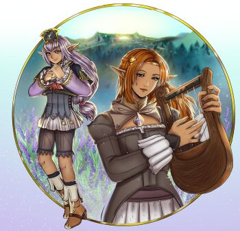 2girls black_shorts black_socks blue_eyes boots brown_boots circlet closed_mouth commentary commission dark-skinned_female dark_skin elf elvaan english_commentary final_fantasy final_fantasy_xi flower grass harp highres holding holding_harp holding_instrument in-universe_location instrument kneehighs lavender_(flower) long_hair long_sleeves low-tied_long_hair multiple_girls music official_art orange_eyes orange_hair peti_(amaipetisu) playing_instrument pointy_ears prishe purple_flower purple_hair shorts smile socks ulmia