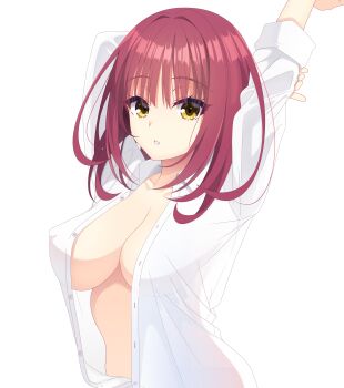 1girl absurdres alternate_costume arms_behind_head arms_up borrowed_clothes breasts buttons cleavage collarbone collared_shirt commentary covered_erect_nipples dress_shirt eyelashes eyes_visible_through_hair futamihara_ririko hair_between_eyes hair_intakes highres kaon_zz large_breasts limelight_lemonade_jam long_sleeves looking_at_viewer medium_hair naked_shirt open_clothes open_shirt paid_reward_available parted_lips red_hair shirt simple_background solo straight_hair stretching upper_body white_background white_shirt yellow_eyes