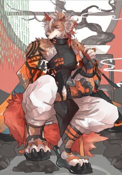 1boy arknights black_shirt bonsai closed_mouth colored_tips commentary earrings english_commentary furry furry_male holding holding_smoking_pipe horns hung_(arknights) jewelry komainu_boy komainu_ears komainu_tail looking_to_the_side male_focus multicolored_hair orenjimaru pants shirt single_earring single_horn sleeveless sleeveless_shirt smoke smoking_pipe white_pants