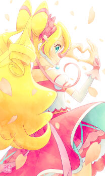 1girl artist_logo backlighting blonde_hair blue_eyes boots bow closed_mouth commentary cure_idol double_bun drill_hair elbow_gloves from_behind gloves hair_bow hair_bun headset heart heart_hands highres kimi_to_idol_precure layered_gloves logo long_hair looking_at_viewer looking_back magical_girl medium_skirt multicolored_hair petals pink_gloves pink_hair pink_shirt pink_skirt precure puffy_short_sleeves puffy_sleeves sakura_uta_(precure) shirt short_sleeves skirt smile solo standing streaked_hair tsuyatamaa twin_drills white_background white_boots