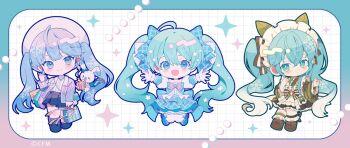 3girls :d aqua_hair bag black_shoes black_skirt blue_bow blue_dress blue_eyes blue_hair blue_shoes blush bow brown_shoes cardigan chibi closed_mouth commentary_request company_name copyright_notice dress full_body gift gloves gradient_hair hair_between_eyes hair_bow hat hatsune_miku holding holding_bag holding_gift looking_at_viewer multicolored_hair multiple_girls official_art open_cardigan open_clothes open_mouth pleated_skirt puffy_sleeves rabbit_yukine sample_watermark shoes skirt smile snowflakes sweater twintails vocaloid watermark white_gloves white_hair white_hat white_sweater yumenouchi_chiharu