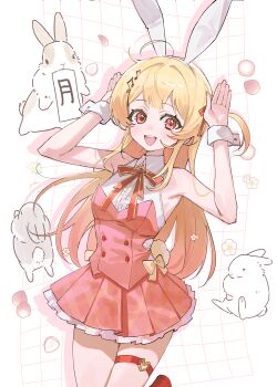 Rule 34 | 1girl, absurdres, ahoge, animal ears, armpit crease, bare shoulders, blonde hair, blush, bon (bony 53), commentary, dress, fake animal ears, fortissimo, frills, hair ornament, highres, hololive, long hair, looking at viewer, musical note, musical note hair ornament, neck ribbon, one side up, open mouth, otonose kanade, pleated skirt, rabbit, rabbit ears, rabbit pose, red eyes, red ribbon, ribbon, shirt, skirt, sleeveless, smile, solo, teeth, thigh strap, upper teeth only, virtual youtuber, white shirt, white wrist cuffs, wrist cuffs