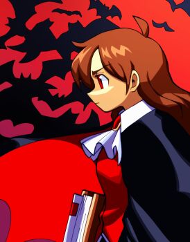 Rule 34 | 1girl, ahoge, alejo5599, ascot, bat (animal), black cape, book, breasts, brooch, brown hair, cape, closed mouth, collared shirt, darkstalkers, demitri maximoff, genderswap, highres, holding, holding book, jacket, jewelry, long hair, long sleeves, medium breasts, midnight bliss, profile, red eyes, red vest, shirt, solo, upper body, vampire, vest, weapon, white shirt, wings