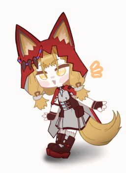 1girl animal_ears animated animated_gif arknights arknights:_endfield black_gloves blonde_hair cape chibi commentary_request dress ears_through_headwear fake_seal fingerless_gloves gloves grey_dress hood hood_up hooded_cape korean_commentary red_cape rossi_(arknights) simple_background solo tail white_background wolf_ears wolf_girl wolf_tail yellow_eyes