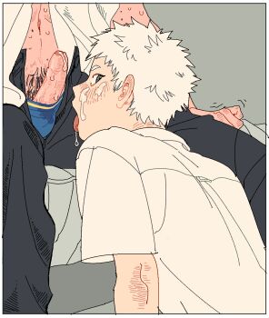 Rule 34 | 2boys, after fellatio, bilateralym, black pants, blue male underwear, blush, border, collared shirt, cum, cum on body, erection, facial, foreskin, highres, hikaru ga shinda natsu, indou hikaru, looking at viewer, male focus, male pubic hair, male underwear, mole, mole on arm, mole on stomach, multiple boys, multiple moles, navel, open fly, pants, penis, pubic hair, saliva, shirt, short hair, sitting, tongue, tongue out, tsujinaka yoshiki, uncensored, underwear, white border, white hair, white shirt, yaoi