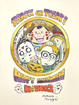 1girl 3boys a_nightmare_on_elm_street akahanadragon black_hair blonde_hair blue_eyes bow bowtie copyright_name cosplay cosplay_request crossover english_text fedora freddy_krueger freddy_krueger_(cosplay) glasses halloween_(movie) halloween_costume hat highres hockey_mask holding holding_weapon jason_voorhees jason_voorhees_(cosplay) jeff_andonuts knife leatherface leatherface_(cosplay) machete mask mother_(series) mother_2 multiple_boys ness_(mother_2) nintendo open_mouth paula_(mother_2) peephole poo_(mother_2) pov smile stitched_face stitches the_texas_chainsaw_massacre trick_or_treat weapon