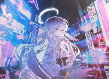 1girl angel angel_wings black_shirt commentary cyberpunk english_commentary expressionless facing_to_the_side floating_hair fymrie gradient_hair grey_eyes hair_between_eyes halo head_wings high_collar holding holding_sword holding_weapon jacket long_hair long_sleeves looking_at_viewer mechanical_arms multicolored_hair night original puffy_sleeves see-through_clothes see-through_sleeves shirt sidelocks single_mechanical_arm solo sword upper_body very_long_hair weapon white_hair white_jacket wings