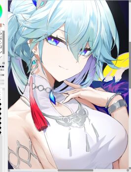 Rule 34 | 1girl, art program in frame, baiser3rd, blue eyes, bracelet, breasts, closed mouth, commentary request, dress, earrings, halter dress, halterneck, highres, honkai: star rail, honkai (series), jewelry, korean commentary, smile, solo, tassel, tassel earrings, white dress, yao guang (honkai: star rail)