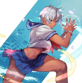 1girl blue_eyes bracelet breasts commentary dark-skinned_female dark_skin earrings elena_(street_fighter) hinoru_saikusa jewelry neckerchief red_neckerchief school_uniform serafuku short_hair signature skirt solo street_fighter underboob white_hair