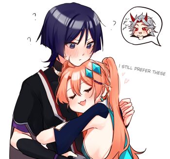 1girl 2boys ahoge aqua_dress arataki_itto arm_cutout armor artist_self-insert black_bodysuit black_kimono black_sleeves blue_gemstone blue_sleeves blunt_ends blush bodysuit breasts chin_rest closed_eyes closed_mouth clothing_cutout colored_inner_hair cone_horns couple covered_collarbone cropped_head crystal_earrings double-parted_bangs dress earrings eyelashes eyeliner eyeshadow facial_mark facing_viewer furisode gem gem_hair_ornament genshin_impact gold gold_trim hair_between_eyes half-sleeves hand_on_another's_back hand_on_own_chin head_on_head head_rest height_difference hetero highres horns hug japanese_armor japanese_clothes jewelry juban kimono kote kurokote layered_sleeves long_hair looking_at_another makeup medium_breasts multicolored_hair multiple_boys neck_ring oc_x_canon oni open_clothes open_kimono open_mouth orange_hair original purple_eyes purple_hair purple_rope purple_sleeves raised_eyebrow red_eyeliner red_eyes red_eyeshadow red_hair red_horns red_kimono rope scaramouche_(genshin_impact) short_sleeves sideboob spiked_hair spoken_character tsurime twintails white_background white_hair white_kimono wispy_bangs yoontrsh