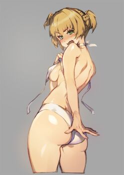 1girl arm_behind_back ass back black_outline blonde_hair blush bra breasts commentary_request cropped_legs dot_nose embarrassed from_behind girls'_frontline green_eyes grey_background halterneck korean_commentary looking_back nose_blush olys open_mouth outline panties shiny_skin short_hair sideboob simple_background solo tearing_up tears teeth thighs turning_head twintails twisted_torso underwear wardrobe_malfunction welrod_mkii_(girls'_frontline)