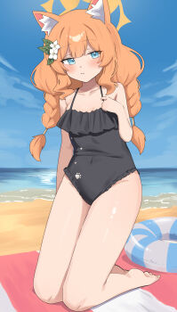 Rule 34 | 1girl, absurdres, animal ear fluff, animal ears, bare arms, bare legs, bare shoulders, barefoot, beach, beach towel, black one-piece swimsuit, blue archive, blue eyes, blue sky, blush, braid, breasts, casual one-piece swimsuit, cat ears, center-flap bangs, closed mouth, cloud, collarbone, covered navel, curly sidelocks, d (delt4), day, double-parted bangs, expressionless, facing viewer, flower, frilled one-piece swimsuit, frills, full body, groin, hair flower, hair ornament, hair tubes, halo, halo behind head, hand up, highres, innertube, kneeling, long hair, looking to the side, low twin braids, mari (blue archive), mari (swimsuit) (blue archive), ocean, one-piece swimsuit, orange hair, orange halo, outdoors, paw print, paw print pattern, pear-shaped figure, shiny skin, shore, sky, small breasts, soles, solo, swim ring, swimsuit, toes, towel, twin braids, white flower