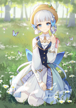 1girl absurdres arched_bangs ayaka_(genshin_impact) blue_dress blue_eyes blunt_tresses blurry blurry_background blush boater_hat braid braided_hair_rings brown_hat bug butterfly butterfly_hair_ornament butterfly_on_hand closed_mouth commentary daidai_(318706698) daisy_(flower) day detached_collar dress eyelashes flower forest frilled_dress frills full_body genshin_impact grass grey_hair hair_flower hair_ornament hair_rings hand_up hat hat_flower highres insect kamisato_ayaka kamisato_ayaka_(springbloom_missive) layered_dress looking_at_viewer mole mole_under_eye nature on_grass outdoors pantyhose short_hair sitting sleeve_cuffs smile solo sparkle tassel tree white_flower white_pantyhose