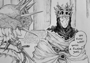 2boys absurdres cape censored_profanity chronozbergh closed_mouth commentary crosshatching crown dark_souls_(series) dark_souls_iii dark_sun_gwyndolin english_commentary english_text hatching_(texture) highres looking_at_another male_focus mask masked multiple_boys pontiff_sulyvahn profanity short_hair traditional_media upper_body