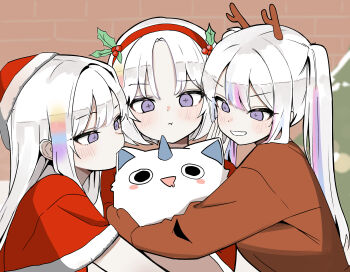 +_+ 3girls ayatsuno_yuni biting biting_ear blush blush_stickers capelet closed_mouth fake_antlers grin hairband hat highres just_0012 long_hair multicolored_hair multiple_girls parted_bangs purple_eyes red_capelet red_hairband santa_hat smile stellive streaked_hair surrounded twintails white_hair