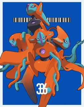 alien black_sclera blue_background blue_skin colored_sclera colored_skin deoxys deoxys_(attack) deoxys_(defense) deoxys_(normal) deoxys_(speed) gen_3_pokemon gogot highres mythical_pokemon nintendo orange_skin pokemon pokemon_(creature) tentacles white_eyes