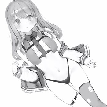 1girl absurdres ahoge blush breasts chest_belt chest_harness closed_mouth collared_shirt ear_piercing earrings fingernails greyscale harness heart heart_earrings highres himemori_luna himemori_luna_(streetwear) hololive jacket jewelry long_hair long_sleeves looking_at_viewer monochrome nanashi_(nlo) navel necktie o-ring o-ring_harness o-ring_thigh_strap open_clothes open_jacket panties piercing shirt simple_background single_thighhigh solo star_o-ring stomach thigh_strap thighhighs thighs torn_clothes torn_thighhighs underwear virtual_youtuber white_background