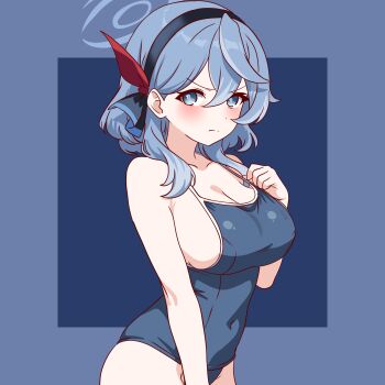 1girl absurdres adjusting_clothes adjusting_swimsuit ako_(blue_archive) blue_archive blue_background blue_border blue_eyes blue_hair blue_one-piece_swimsuit blush border breasts cleavage commentary covered_navel dot_nose english_commentary halo hanakaji_(yuuchanto) highres large_breasts looking_at_viewer medium_hair one-piece_swimsuit pout school_swimsuit sideboob simple_background skindentation solo strap_gap swimsuit