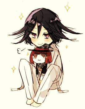 Rule 34 | 1boy, barefoot, belt, belt buckle, blush, buckle, character doll, closed mouth, commentary request, danganronpa (series), danganronpa v3: killing harmony, doll, dress pants, full body, gold buckle, gomabu (rirurutennsi), hair between eyes, holding, holding doll, jacket, knees up, long sleeves, looking ahead, male focus, no shoes, oma kokichi, open belt, pants, purple eyes, purple hair, short hair, sigh, simple background, sitting, smile, solo, sparkle, thigh belt, thigh strap, white background, white belt, white jacket, white pants, yumeno himiko