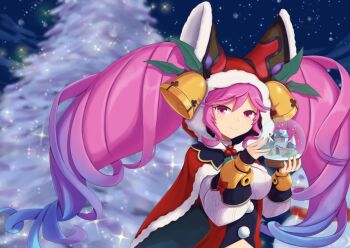 1girl bell blue_hair blurry blurry_background breasts cape christmas christmas_tree cleo_(christmas)_(dragalia_lost) cleo_(dragalia_lost) commentary_request cream_cod dark dragalia_lost fur_trim gradient_hair hat_bell holding holding_snow_globe hood large_breasts light_particles long_hair looking_at_viewer multicolored_hair night night_sky pink_eyes pink_hair puffy_sleeves santa_costume sky smile snow snow_globe snowflakes solo tree twintails upper_body very_long_hair