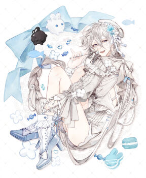 1boy absurdres aqua_flower arm_around_leg ass blue_bow blue_eyes blue_shoes bow braid braided_ponytail commentary_request crossdressing crossdressing_(mtf) dress dress_ribbon eyeshadow flower food fork frilled_ribbon frills full_body gloves gradient_hair grey_hair hair_between_eyes hair_bow hair_flower hair_ornament hair_ribbon hat heart highres holding holding_fork knees_to_chest lace lace-trimmed_gloves lace_trim long_hair looking_at_viewer makeup male_focus mole mole_under_mouth multicolored_hair open_mouth original ribbon ribbon-trimmed_sleeves ribbon_trim shoes smile solo stuffed_animal stuffed_rabbit stuffed_toy sweets teeth thighs trap upper_teeth_only very_long_hair white_background white_day white_dress white_gloves white_hair white_hat white_ribbon wu_(user_sevs2252)