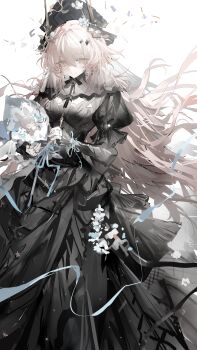 1girl absurdres amiya_(arknights) arknights black_dress blue_ribbon breasts commentary dress highres horns juliet_sleeves light_particles long_hair long_sleeves luozhou_pile medium_breasts pink_eyes pink_hair puffy_sleeves ribbon simple_background solo theresa_(arknights) white_background