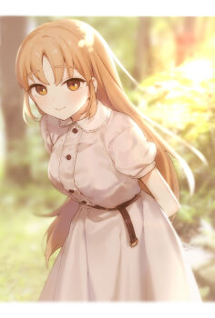 Rule 34 | belt, belt buckle, brown eyes, brown hair, buckle, dress, highres, long hair, long sleeves, nijisanji, sister claire, sister claire (3rd costume), smile, solo, virtual youtuber, white dress, yumesaki nana