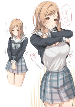 1girl ? absurdres black_shirt black_skirt bow bowtie bra_visible_through_clothes breasts brown_eyes brown_hair cleavage closed_mouth commentary_request grey_bow grey_shirt highres idolmaster idolmaster_shiny_colors large_breasts long_sleeves looking_at_viewer medium_hair miniskirt multiple_views murabito_c plaid_bow plaid_bowtie plaid_clothes pleated_skirt sailor_collar sakuragi_mano school_uniform serafuku shirt shirt_tucked_in simple_background skirt smile speech_bubble spoken_question_mark translation_request undershirt undressing white_background white_sailor_collar