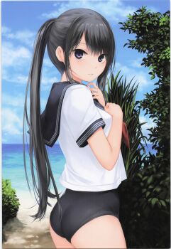 1girl absurdres ass black_hair black_one-piece_swimsuit blue_eyes blue_sky blush breasts coffee-kizoku highres horizon long_hair looking_at_viewer medium_breasts ocean one-piece_swimsuit original outdoors parted_lips ponytail sailor_collar scan shirt sky solo swimsuit swimsuit_under_clothes undressing