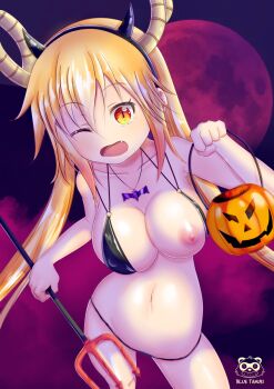1girl arm_at_side artist_logo artist_name bikini black_bikini blonde_hair bluetanuki breasts collarbone demon_horns dragon_girl dragon_horns eyelashes fake_horns fang feet_out_of_frame female_focus halloween hand_up horns jewelry kobayashi-san_chi_no_maidragon large_breasts logo long_hair looking_at_viewer moon navel necklace nipples one_breast_out one_eye_closed open_mouth orange_eyes outdoors slit_pupils solo standing swimsuit tohru_(maidragon) twintails