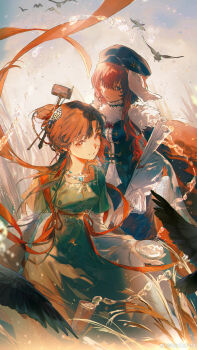 2girls absurdres alcohol bird black_bird black_headwear black_vest blue_eyes bowl brown_eyes brown_hair newsboy_cap cape chinese_clothes chinese_hairpin dipper feet_out_of_frame fur-trimmed_cape fur_trim grass green_shirt grin hair_bun hair_ornament hair_over_one_eye hanfu hat highres holding holding_bowl holding_scroll jewelry jiu_niangzi layered_sleeves liquid liquor long_hair long_skirt long_sleeves looking_at_viewer looking_to_the_side multiple_girls necklace puffy_long_sleeves puffy_sleeves red_cape red_hair red_shawl reverse:1999 riko-m scroll shawl shirt short_over_long_sleeves short_sleeves single_side_bun skirt smile tassel tassel_hair_ornament vest watermark weibo_watermark white_shirt yellow_skirt yenisei_(reverse:1999)