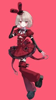 1girl back_bow black_bow black_gloves black_shoes blunt_bangs blush bob_cut bow bowtie breasts buttons center_frills clothing_cutout collared_shirt colored_inner_hair dress elbow_gloves fingerless_gloves frilled_dress frills frozen_yakan full_body gloves grey_hair hand_to_own_mouth hat hat_bow heart heart_button heart_o-ring highres idol_clothes layered_dress leg_tattoo leg_warmers looking_at_viewer makaino_ririmu medium_hair mini_hat multicolored_hair nijisanji o-ring official_alternate_costume official_alternate_hairstyle parted_lips pink_hair plaid_clothes plaid_dress plaid_sleeves platform_shoes puffy_short_sleeves puffy_sleeves rabbit_ear_headwear red_background red_bow red_bowtie red_dress red_eyes red_leg_warmers red_sleeves shirt shoes short_dress short_sleeves shoulder_strap simple_background small_breasts solo standing standing_on_one_leg streaked_hair tattoo underboob_cutout virtual_youtuber white_shirt winged_heart winged_heart_tattoo