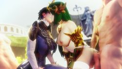 2boys 2girls 3d amateurthrowaway angel animated bayonetta bayonetta_(series) bayonetta_2 bisexual_female black_hair bouncing_breasts breasts clothed_female_nude_male doggystyle earrings glasses green_hair group_sex highres jewelry kid_icarus kiss large_breasts long_hair multiple_boys multiple_girls muscular muscular_male nintendo nipples nude pale_skin palutena penis sex sex_from_behind short_hair sound super_smash_bros. testicles vaginal video witch