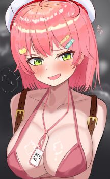 1girl ahoge beret bikini breasts cat_hair_ornament cleavage commentary_request green_eyes hair_ornament hairpin hat highres hololive large_breasts looking_at_viewer mayuuta1205 medium_hair open_mouth pink_bikini pink_hair sakura_miko solo swimsuit virtual_youtuber white_hat