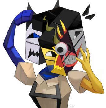 1girl black_eyes black_hair black_sclera blue_eyes blue_skin colored_sclera colored_skin commentary cubism demon_ena diablada diablada_ena ena_(ena) ena_(series) ena_(species) ena_(web_series) fang happy_ena highres low_poly multicolored_skin rubik's_cube sadder_ena shirt short_sleeves smile surreal suspenders symbol-only_commentary teeth tusks two-tone_skin usagimarumei yellow_skin