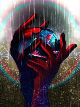 1boy basil_(headspace)_(omori) basil_(omori) blood blood_on_clothes blue_overalls commentary_request flower flower_wreath green_hair green_shirt head_wreath highres kauchi_(kani10cauchi) male_focus omori overalls rain rainbow shirt solo sunflower t-shirt