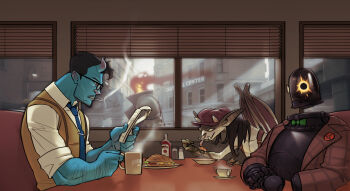 1boy 2girls abrams_(deadlock) absurdres black_hair blue_skin bow bowtie brown_hat brown_jacket cigarette coffee_mug colored_skin cup deadlock_(game) diner dynamo_(deadlock) eating face_piercing fire green_bow green_bowtie guardian_(deadlock) hat highres holding holding_spoon horns indoors ivy_(deadlock) jacket ketchup_bottle michael_shilliday mouth_hold mug multiple_girls nose_piercing nose_ring pepper_shaker piercing reading salt_shaker sitting smoking spoon suspenders sweater_vest table teacup tongue tongue_out window