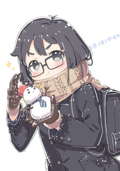 Rule 34 | 1girl, antenna hair, backpack, bag, black-framed eyewear, black bag, black eyes, black hair, black jacket, blush, brown gloves, brown scarf, closed mouth, enpera, glasses, gloves, holding snowman, jacket, kuresuku (lessons), long sleeves, looking at viewer, medium hair, original, scarf, smile, snowman, solo, upper body, white background
