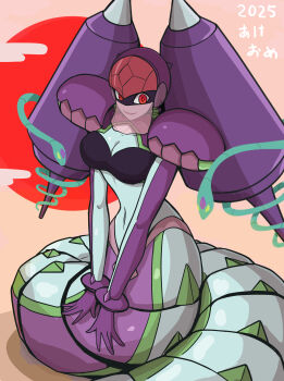 Rule 34 | 1girl, 2025, absurdres, armor, breasts, chinese zodiac, cleavage cutout, clothing cutout, commentary request, em wave change (mega man), gloves, helmet, highres, lamia, luna platz (mega man), mega man (series), mega man star force (series), midriff, monster girl, mouth veil, nunogire, purple gloves, queen ophiuca (mega man), red eyes, shoulder armor, smile, snake, veil, year of the snake