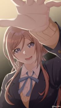 Rule 34 | absurdres, arm up, blue eyes, blue jacket, brown hair, cardigan, commentary, dress shirt, gakuen idolmaster, hair between eyes, headpat, highres, himesaki rinami, idolmaster, jacket, kumapako, long hair, looking at viewer, loose neck ribbon, neck ribbon, open mouth, pov, ribbon, shadow, shirt, smile, untranslatable commentary, white shirt, yellow cardigan