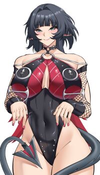 1girl absurdres alternate_costume animal_ears bare_shoulders black_hair black_one-piece_swimsuit breasts commentary covered_navel cowboy_shot fishnet_sleeves fishnets green_hair highres huge_breasts jane_doe_(nocturne_of_light)_(zenless_zone_zero) jane_doe_(zenless_zone_zero) mature_female mouse_ears mouse_girl mouse_tail obosounds official_alternate_costume one-piece_swimsuit red_hair red_nails smile solo swimsuit tail thighs zenless_zone_zero